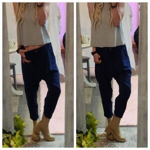 Zara Harem Drop Crotch Pants Elastic Back Waist Navy